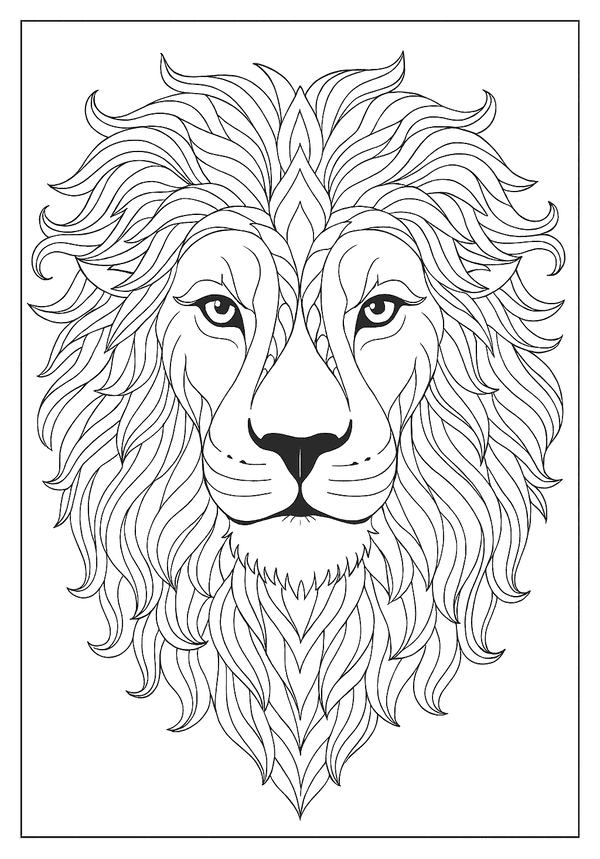 Detailed Mandala Lion Art Free Printable An intricate mandala-style lion's head with a flowing mane, ideal for an advanced adult coloring page.