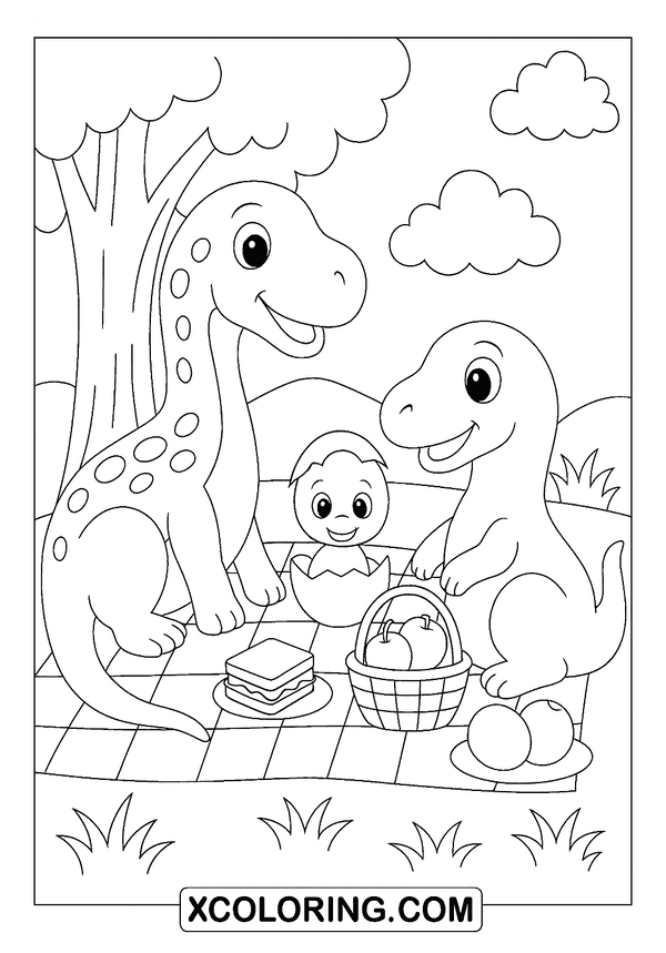 Dino Family Picnic Day coloring page