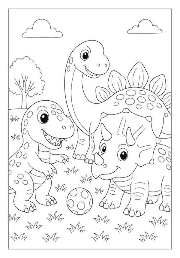 Three Happy Dinosaur Friends Playing With A Ball In A Sunny Field, A Fun Prehistoric Pals Page.