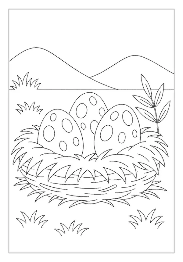 Three Spotted Dinosaur Eggs In A Cozy Nest, A Prehistoric Discovery Coloring Page.