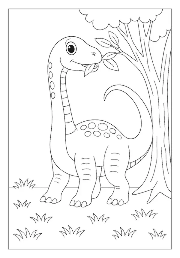 Gentle Diplodocus Munching On Leaves From A Tree, A Peaceful Long-neck Dinosaur Coloring Page.