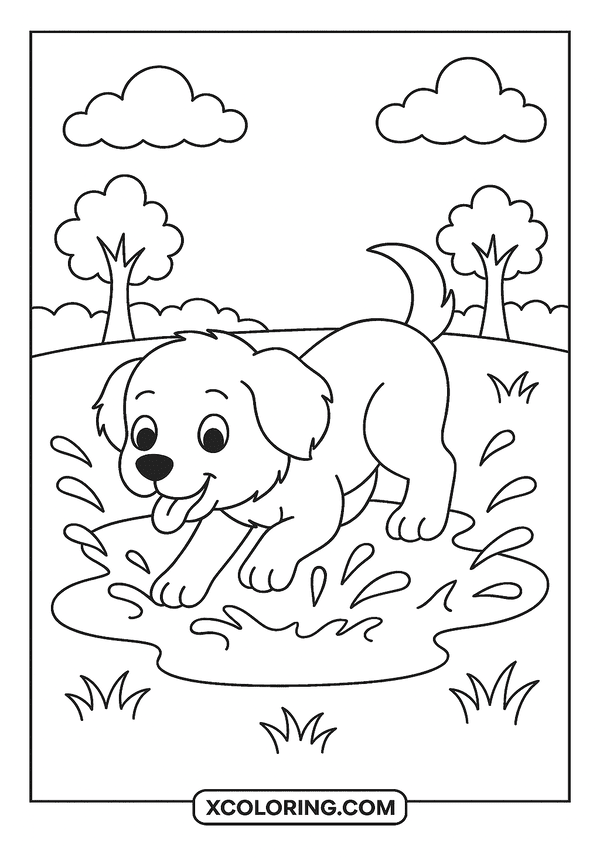 Dog Splashing In Puddle coloring sheet