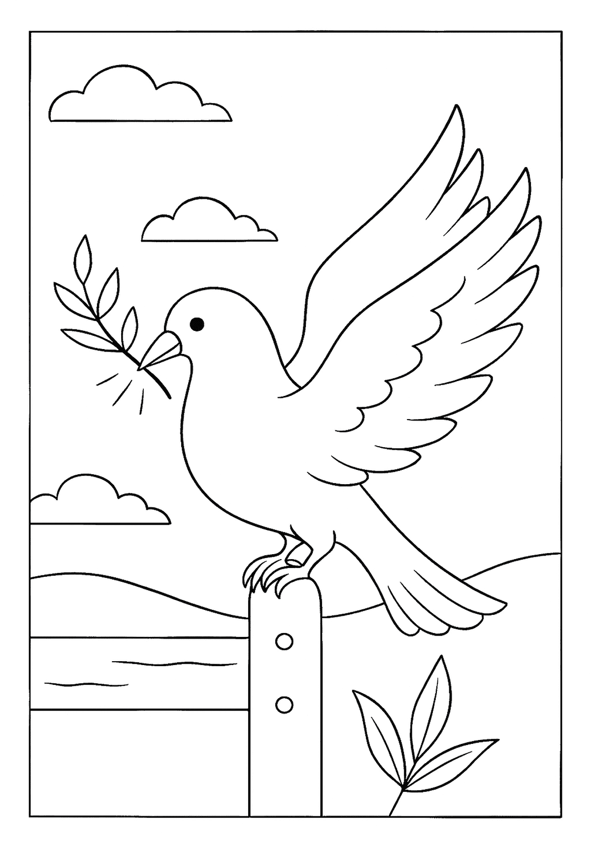 Dove Holding Olive Branch Outline Image Peaceful dove bird coloring page holding an olive branch, perched on a fence post.