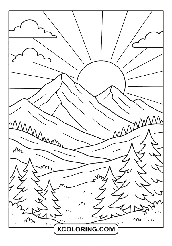 Dreamy Mountain Sunset View coloring page