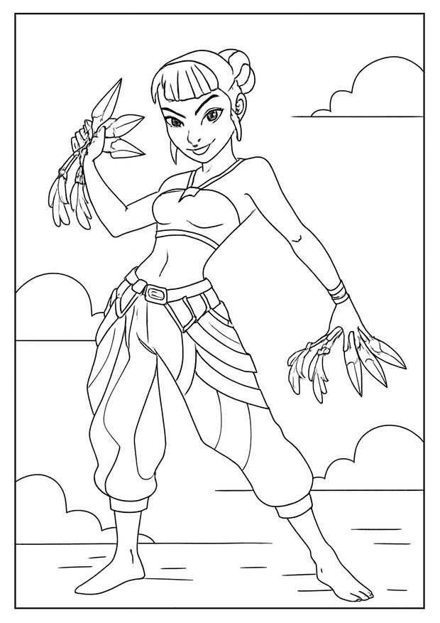Action-ready girl holding dual daggers in a Kpop Demon Hunter coloring sheet with baggy pants.