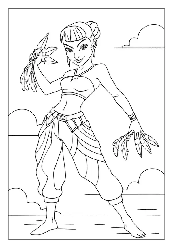 Action-ready girl holding dual daggers in a Kpop Demon Hunter coloring sheet with baggy pants.