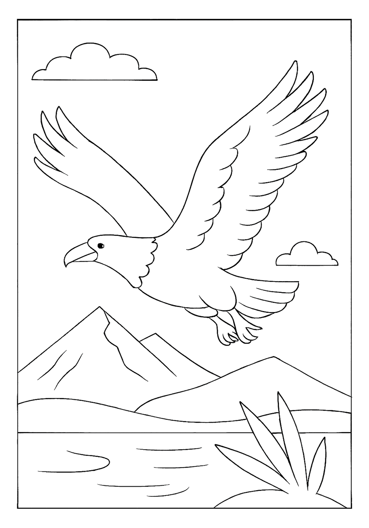 Eagle Flying Over Mountains Fun Worksheet Majestic eagle bird coloring page soaring with wide wings over mountains and a lake below.