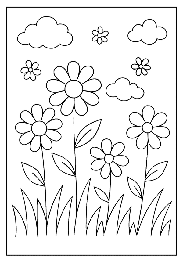 Easy Flower Garden Scene Free Printable An Easy Coloring Page of a whimsical flower garden with fluffy clouds and various blossoms.