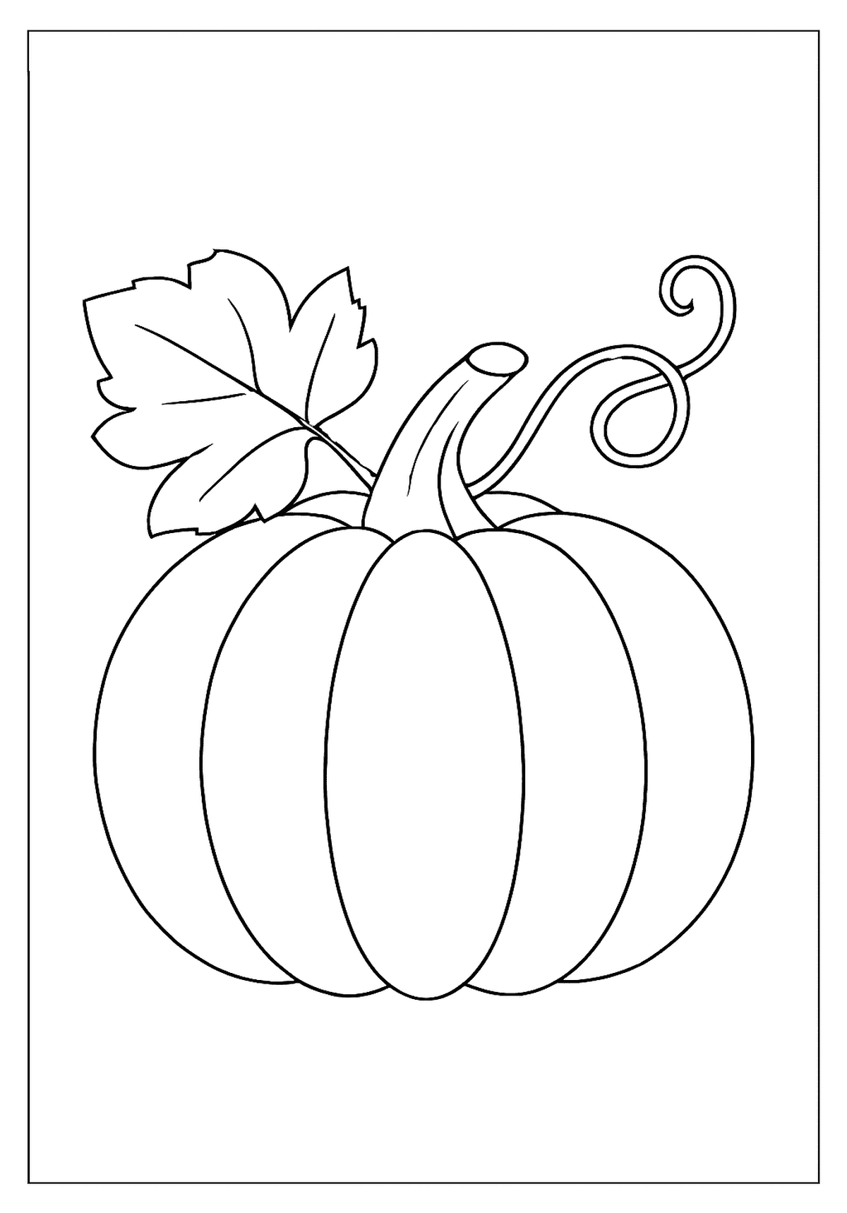 Simple drawing of a whole pumpkin with a leaf and vine. Easy pumpkin coloring page for kids.