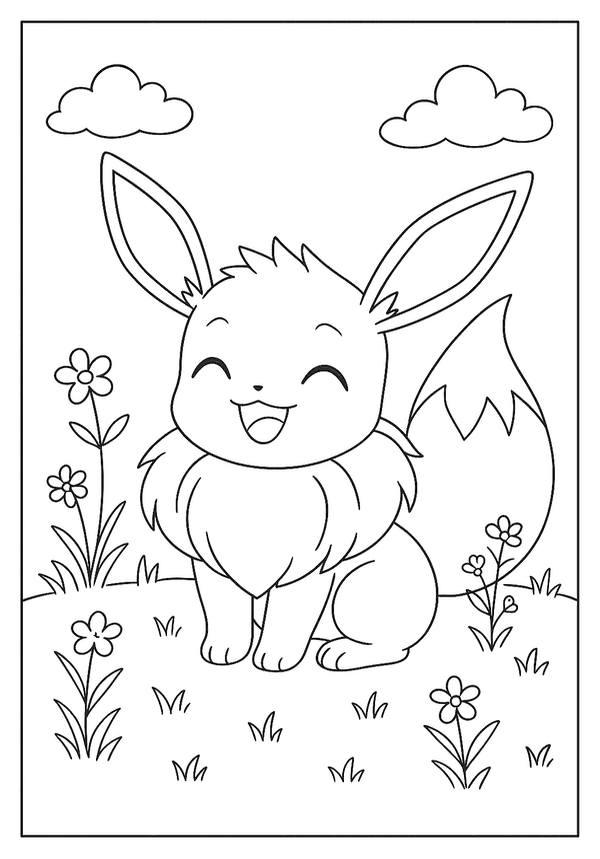 Printable Eevee Smiling In Meadow Coloring Sheet