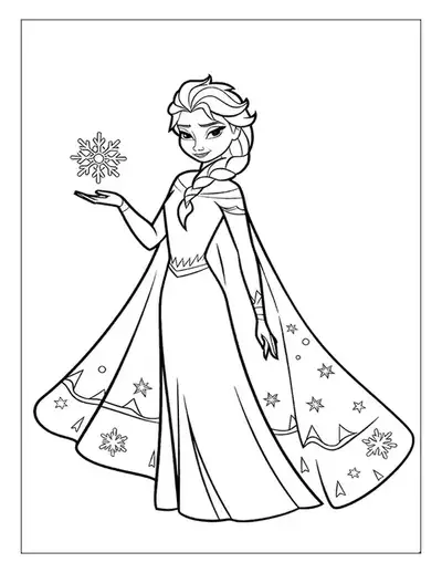An Elegant Elsa Coloring Page Of The Beautiful Snow Queen Creating A Magical Snowflake With Her Powers.