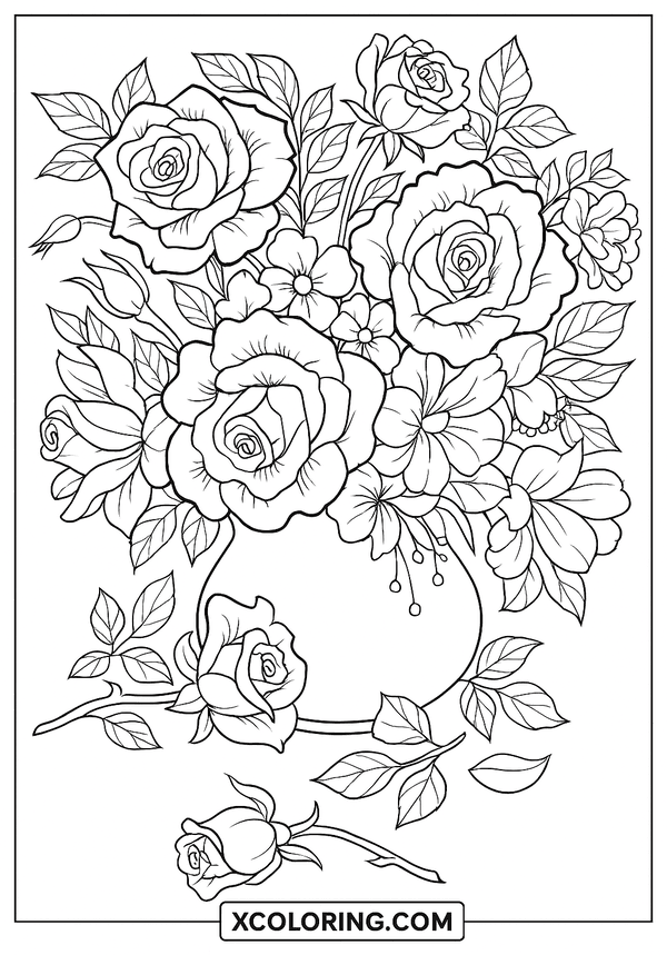 Elegant Rose Bouquet in Vase coloring sheet