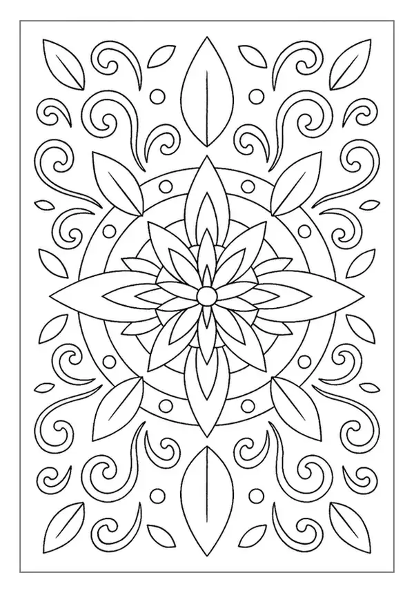 Elegant scroll flower mandala pattern coloring page with a central bloom.