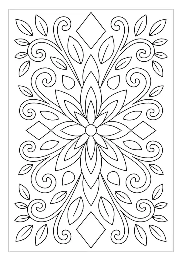 Elegant star flower pattern coloring page with rhythmic scrolls.
