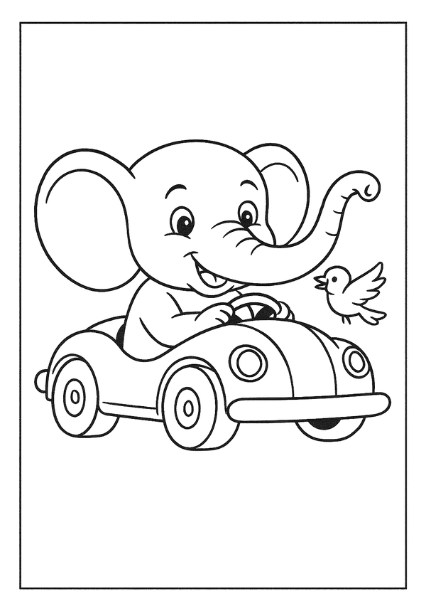 Printable Elephant Driving With Bird Coloring Sheet