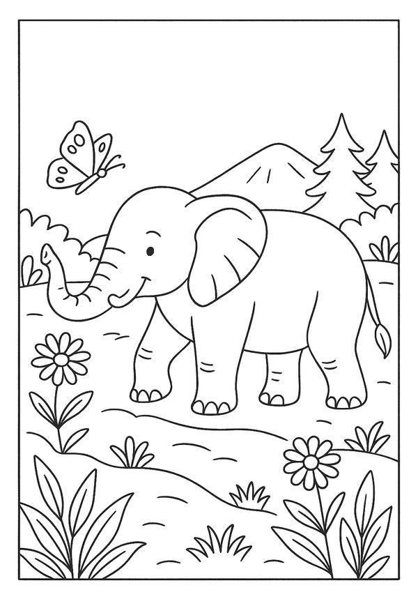 Printable Elephant Walk With Butterfly Coloring Sheet