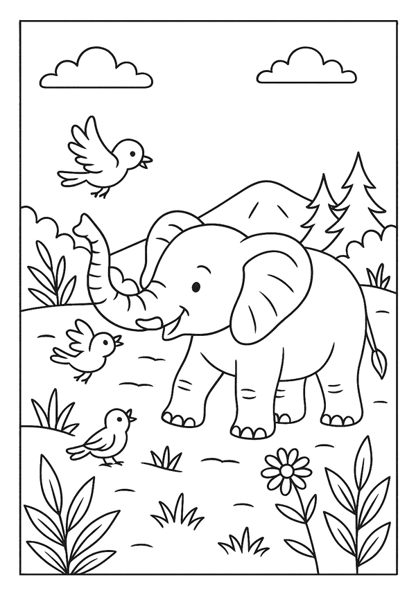 Elephant with Bird Friends coloring page
