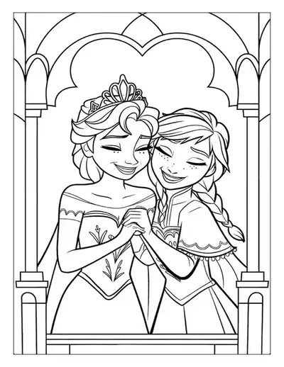 Elsa Coloring Page Of The Two Sisters, Elsa And Anna, Holding Hands And Smiling Warmly At Each Other.