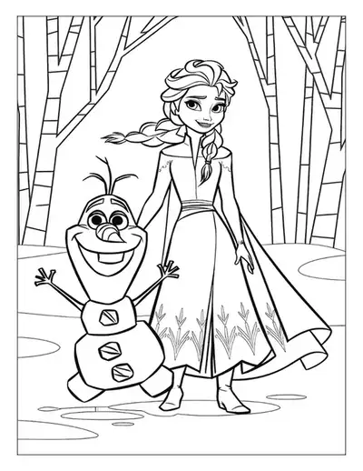 A Magical Elsa Coloring Page With A Very Smiling Queen Elsa And A Happy Olaf Walking In A Forest Scene.