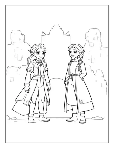 An Adventurous Elsa Coloring Page With Elsa And Anna Standing Together In Front Of A Large Ice Castle.