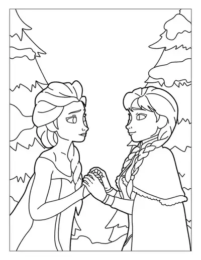 A Emotional Elsa Coloring Page Of Elsa And Anna Holding Hands, Sharing A Sincere Moment In The Forest.