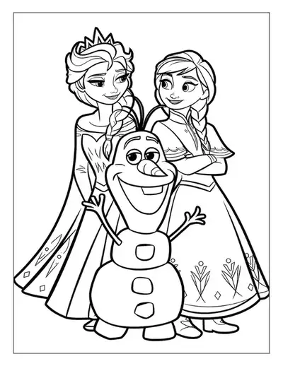 An Elsa Coloring Page Featuring The Three Main Characters: Queen Elsa, Anna, And Olaf Posing Together.