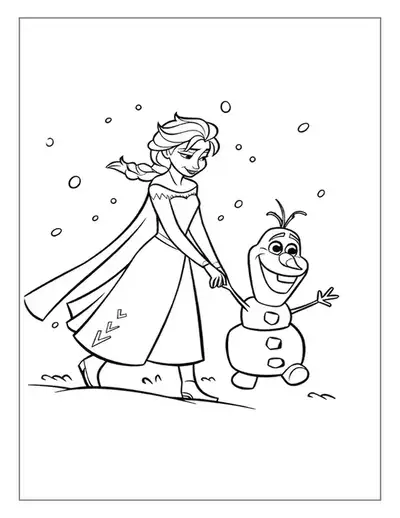 A Magical Elsa Coloring Page With Elsa Happily Walking In The Snow And Holding Hands With Her Friend Olaf.
