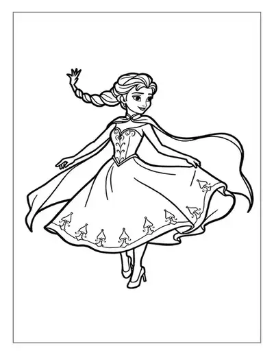Elsa Coloring Page Showing Her Dancing Gracefully In Her Magical Dress, With Her Long Cape Flowing Far.