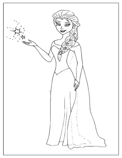 An Enchanting Elsa Coloring Page Showing Her Casting A Spell With Shimmering Stars Coming From Her Hand.
