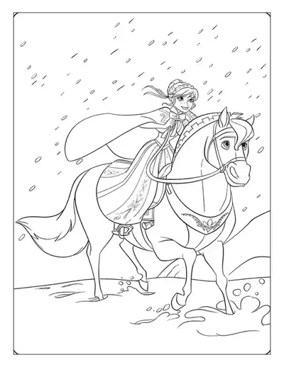 An Action-packed Elsa Coloring Page Of The Snow Queen Riding A Magical Horse Through The Snowy Weather.