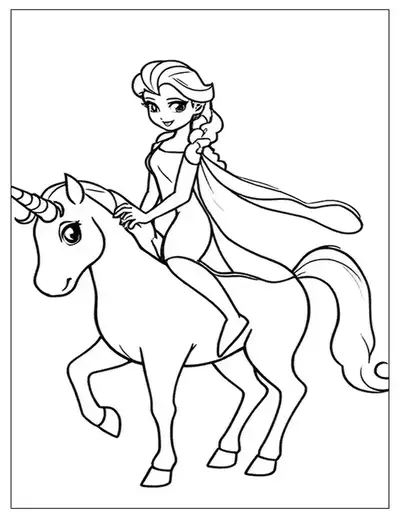An Enchanting And Magical Elsa Coloring Page Showing The Snow Queen Riding On A Majestic, Magical Unicorn.