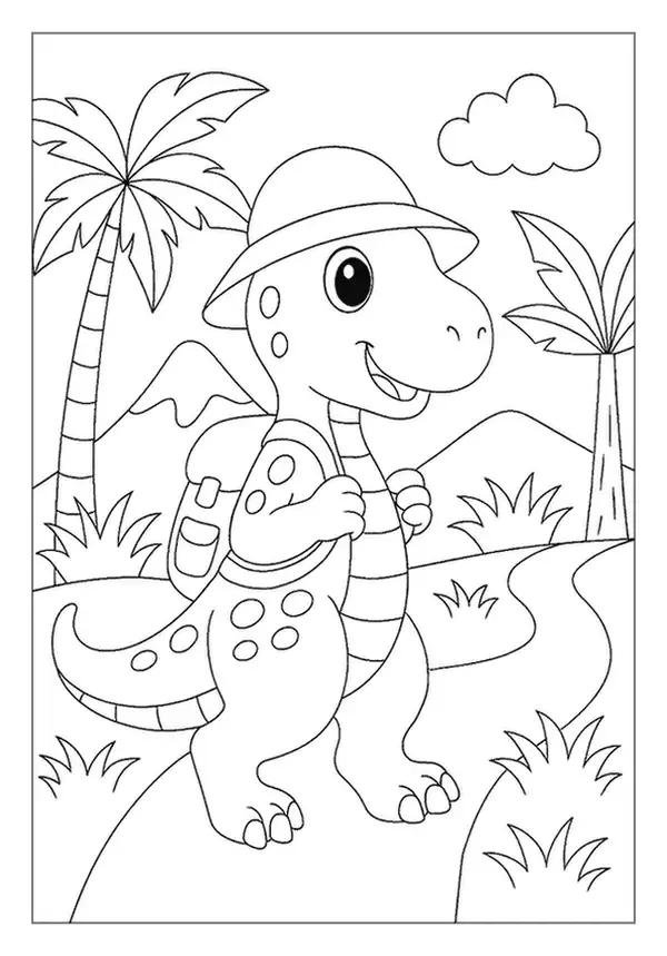 Cheerful Baby Dino Explorer With A Hat And Backpack On A Jungle Path, A Fun Dinosaur Coloring Page.