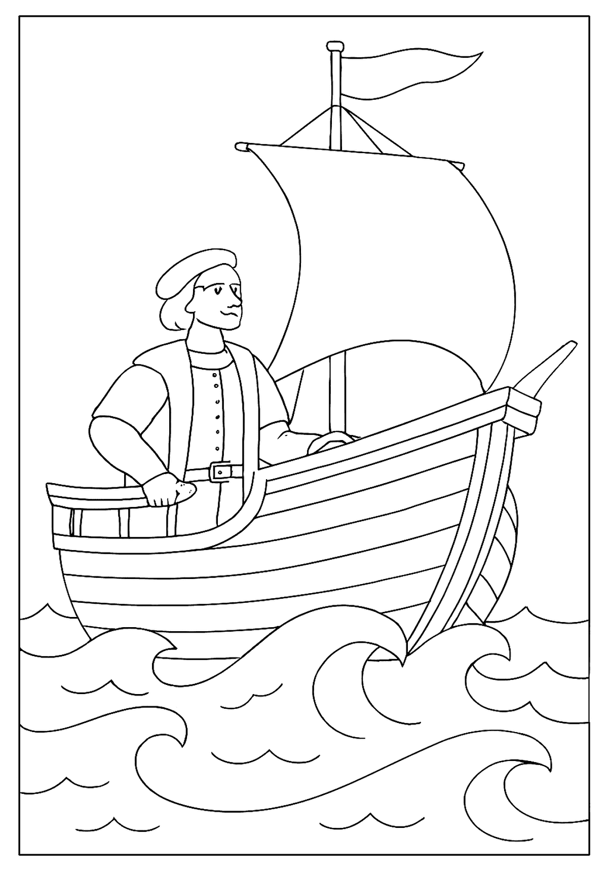 Sailor in a hat standing on a wooden boat with a single sail, riding over ocean waves.