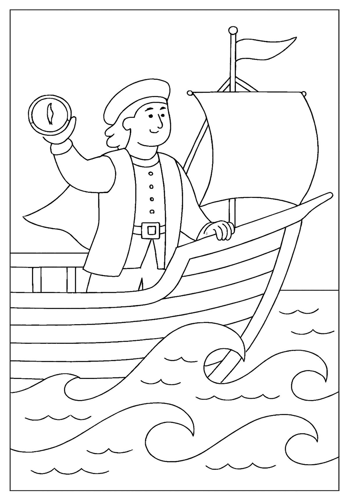 Happy explorer on a boat holding a compass high, ready to navigate the rough sea.