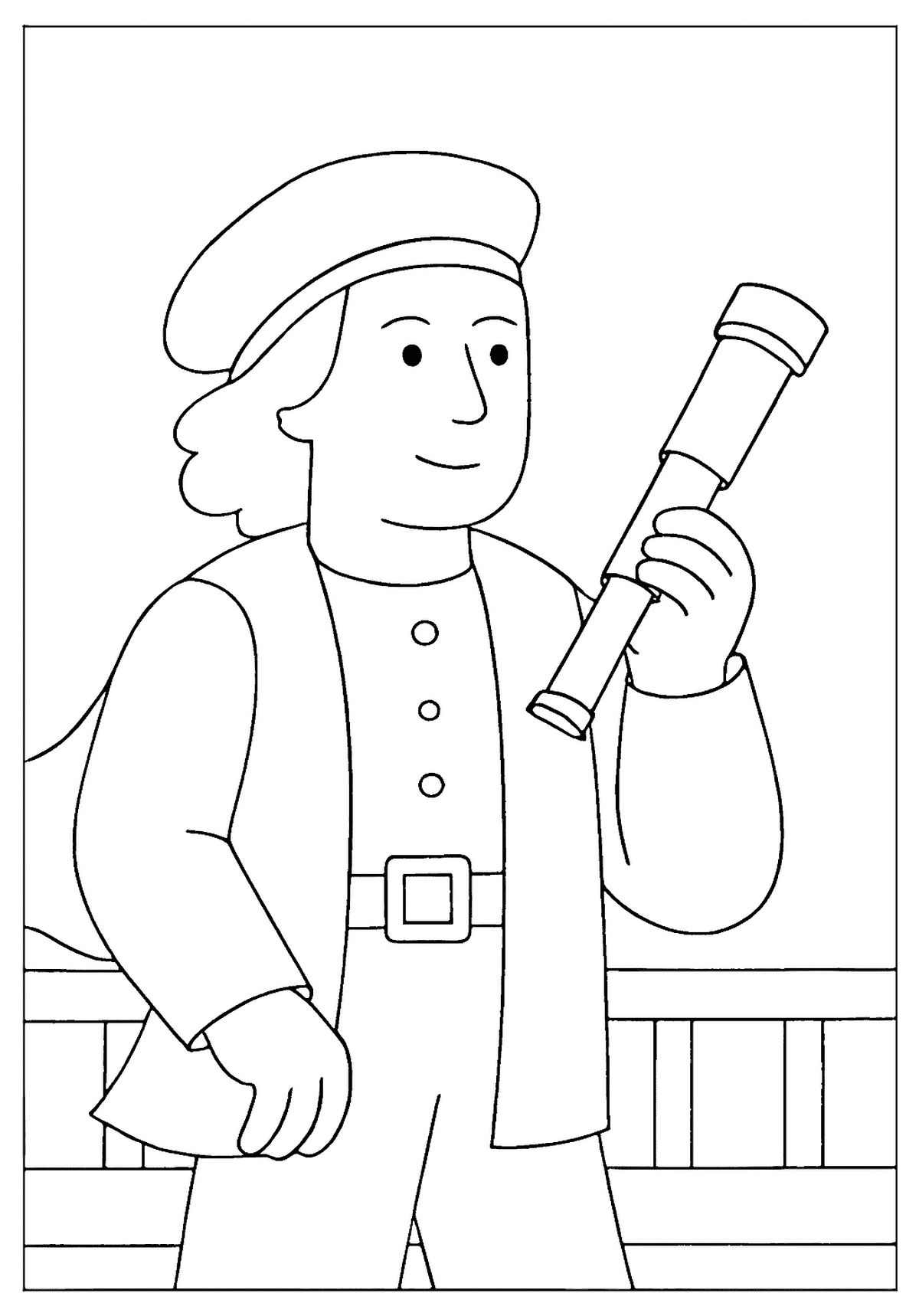 Smiling explorer on a ship's deck holding a telescope, ready for voyage.