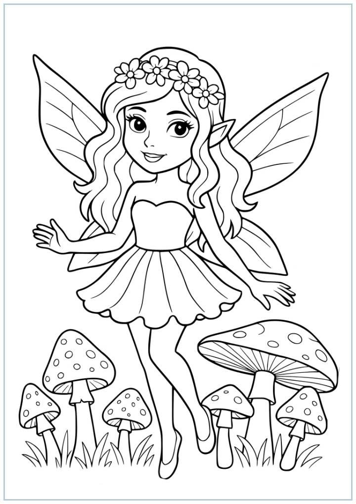 Fairy and Mushrooms Coloring Page coloring page