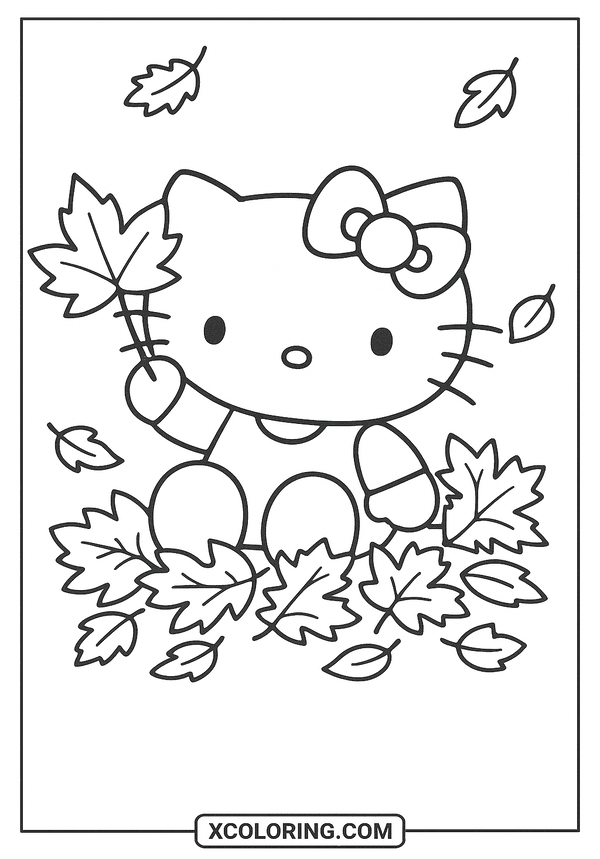 Fall Leaves With Kitty coloring sheet
