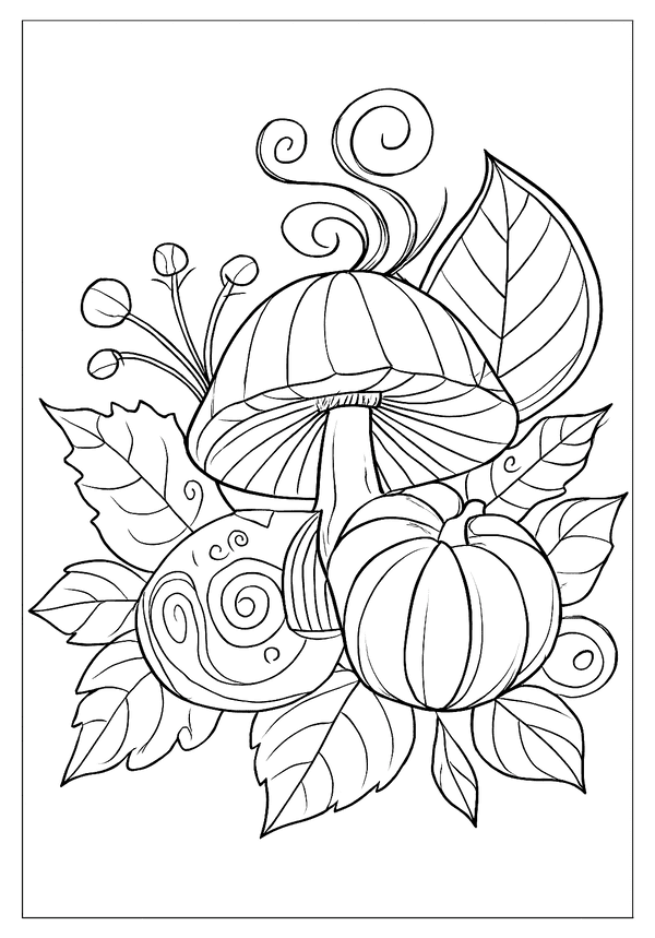 Fall Pumpkin Mushroom Design Free Printable An enchanting fall design with a mushroom, pumpkin, and various leaves, great for a whimsical autumn coloring page.