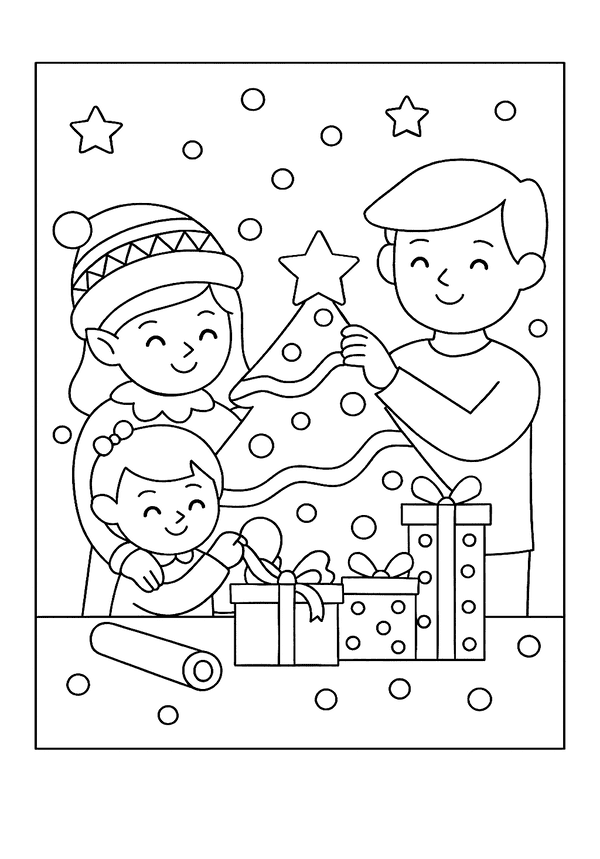 A family decorates a Christmas tree together in this coloring page.