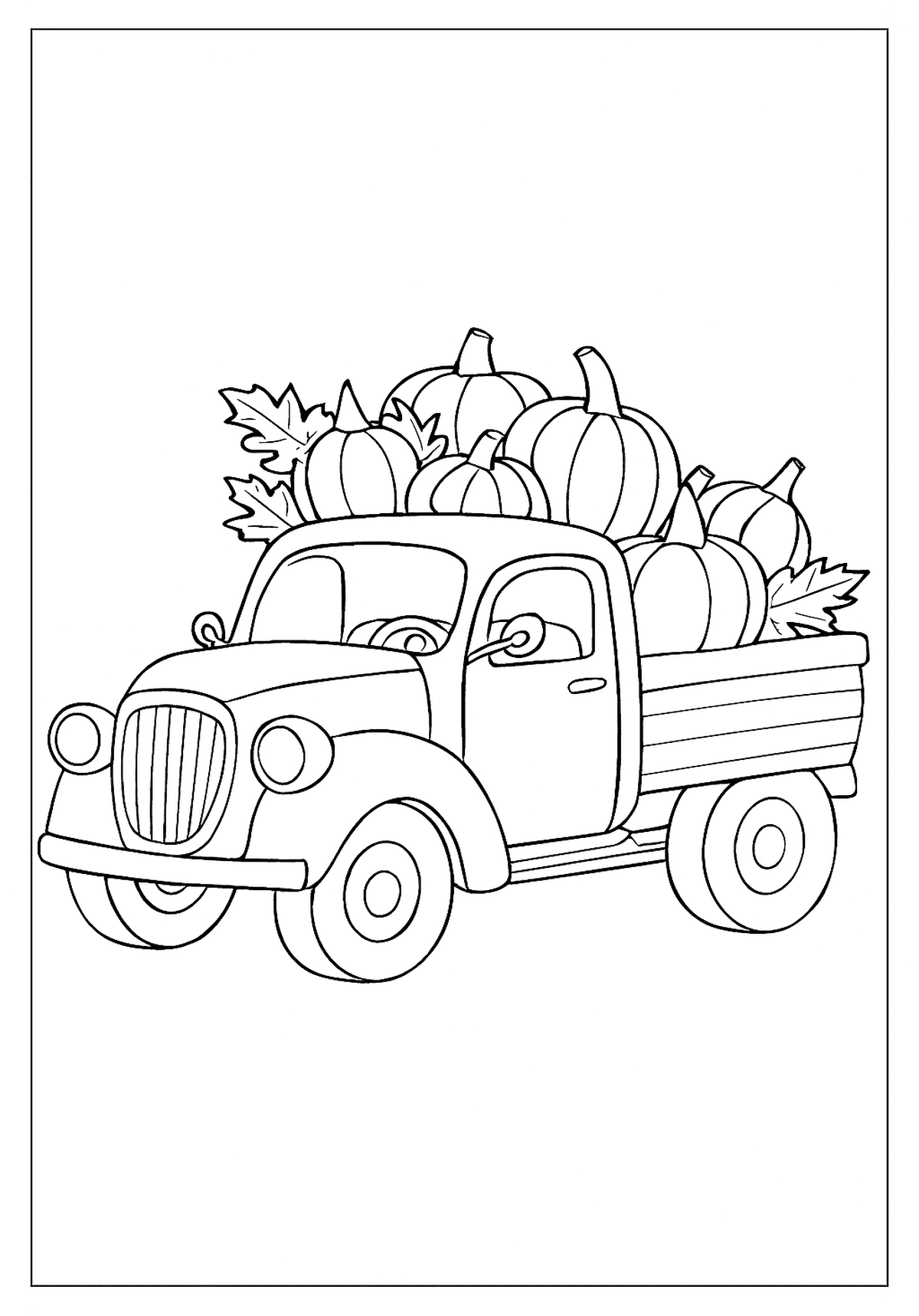 Vintage farm pickup truck loaded with pumpkins and fall leaves. Harvest coloring page for kids.