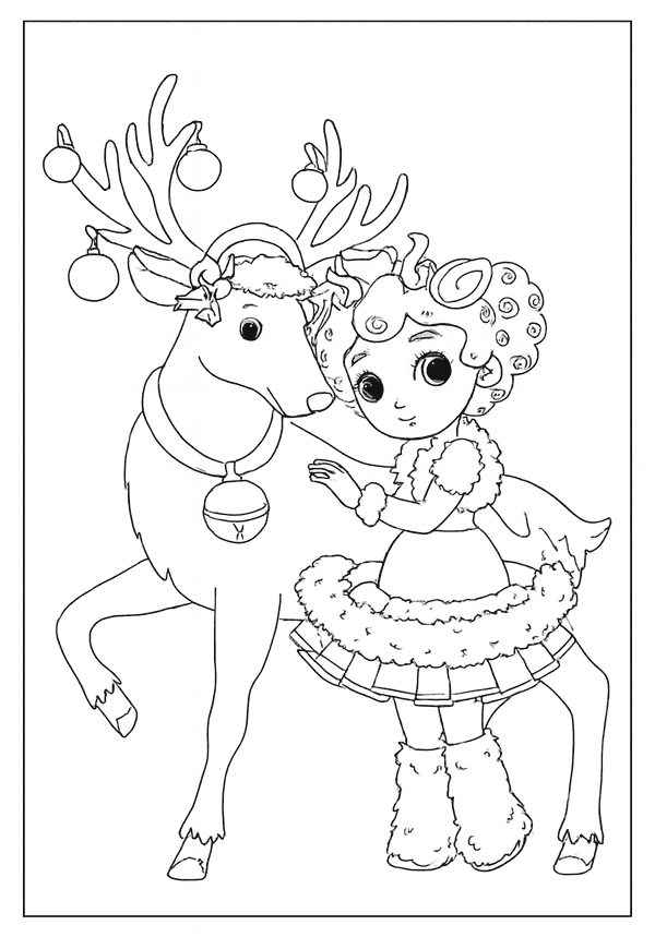 A cute elf or fairy in a furry outfit standing beside a reindeer with antlers decorated with baubles