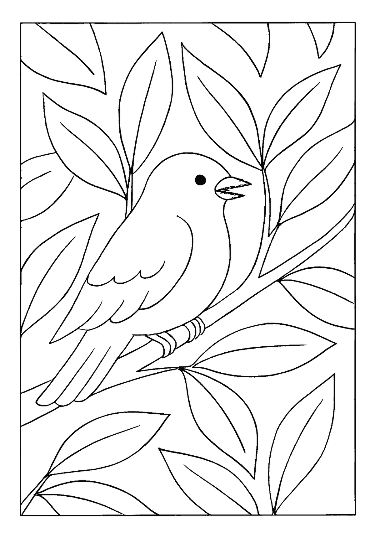 Finch Among Green Leaves Activity Sheet Small finch bird coloring page perched on a branch, mostly hidden among large, overlapping leaves.