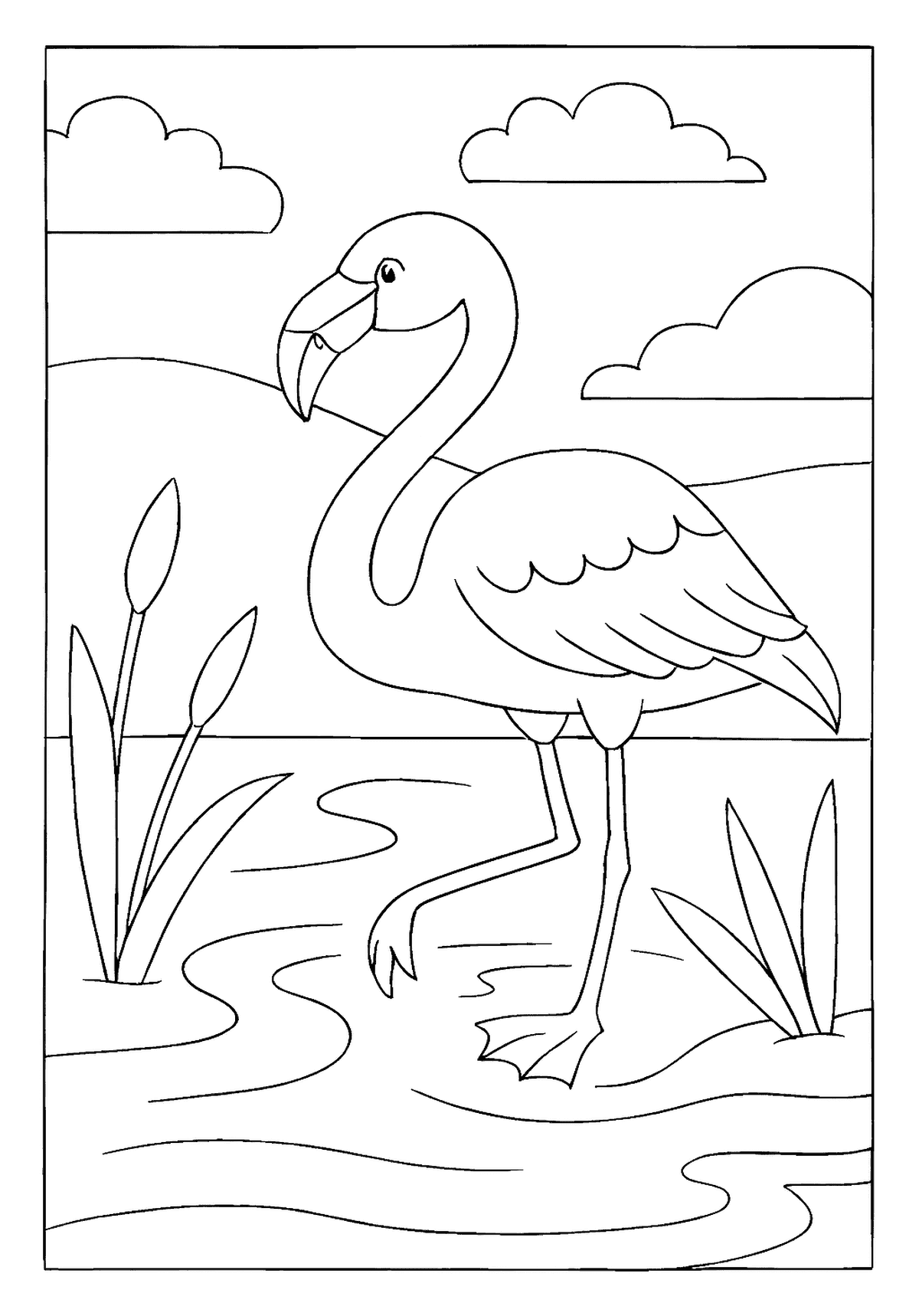 Flamingo Standing In Water Art Page Elegant flamingo bird coloring page standing in the water among reeds with clouds and hills.
