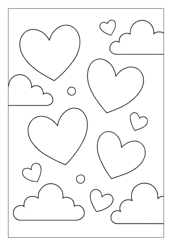 Whimsical Heart Coloring Page with various hearts and clouds floating in the sky.