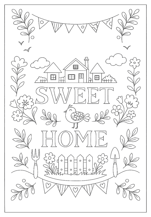 Floral Birds Home Design Free Printable A cozy house illustration with flowers, birds, and the phrase "Sweet Home" for a delightful adult coloring page.