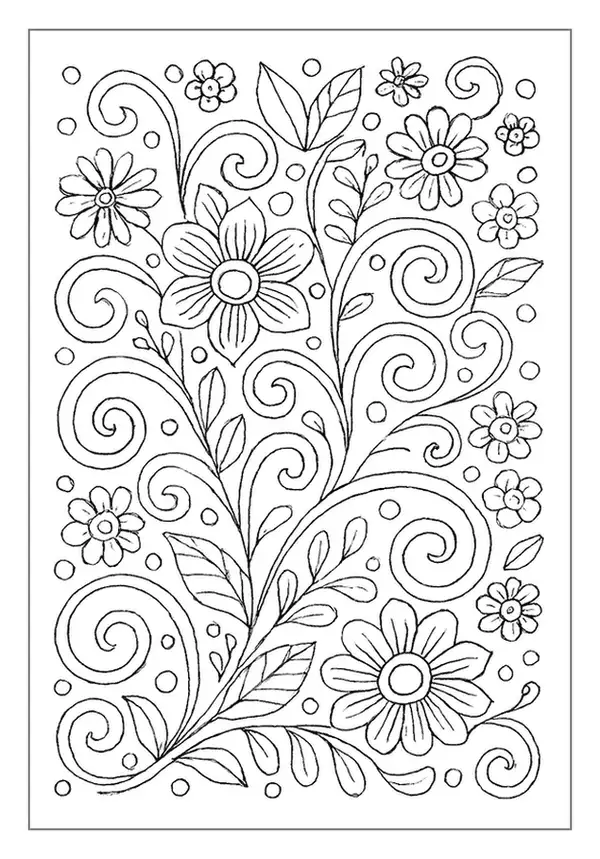 Symmetrical floral pattern coloring pages with a central flower and vines.