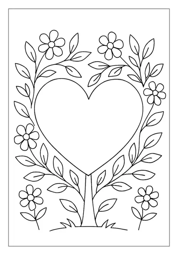 A lovely Heart Coloring Page with a floral frame, perfect for kids.