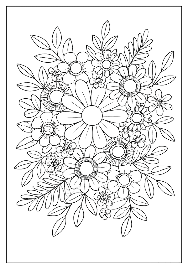 Flowers And Leaves Design Free Printable An arrangement of various flowers and leaves creating a bountiful bouquet, a delightful nature adult coloring page.