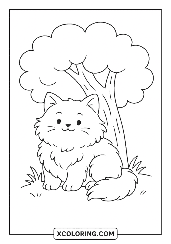 Fluffy Cat Under Tree coloring sheet