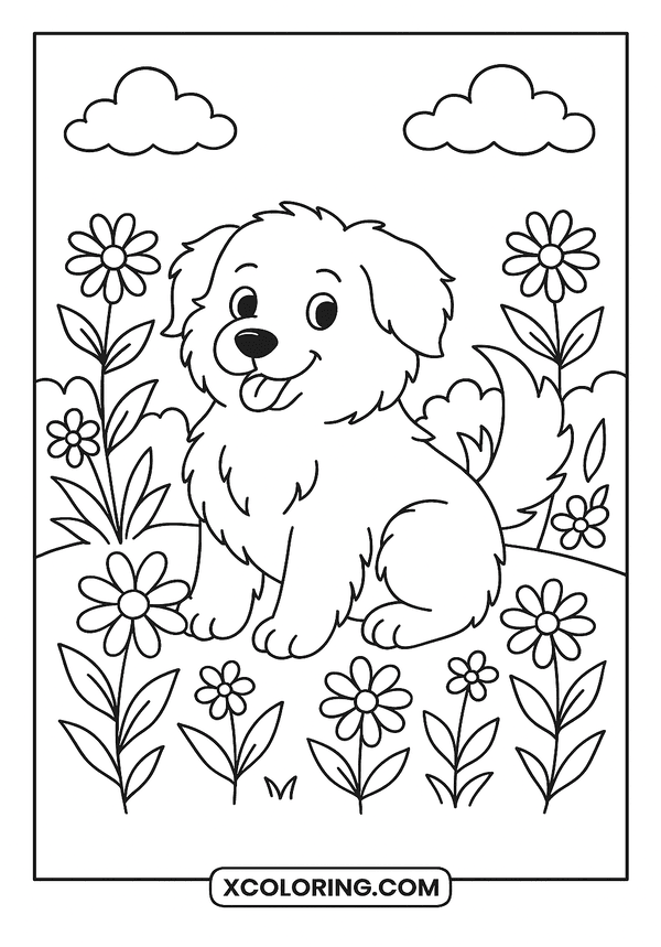 Fluffy Dog In Flowers coloring page